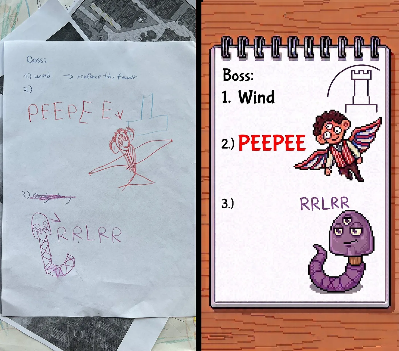 The boss list as drawn, and as it ended up in the game