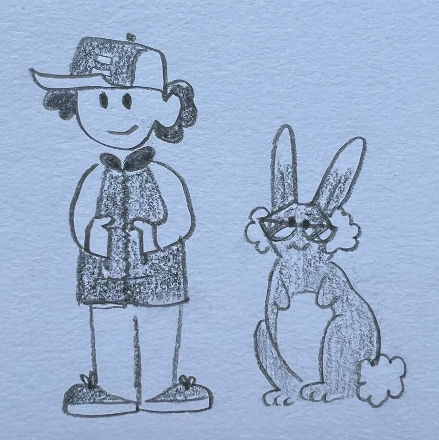 Pencil drawing of the kid and the rabbit